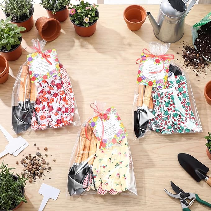 Cuffbow 3 Set Mother's Day Gardening Gifts Floral Gardening Gloves, Garden Shovel, Mini Garden Tools with Mother's Day Cards and Bags for Mom Grandma Birthday Gift (Classic)