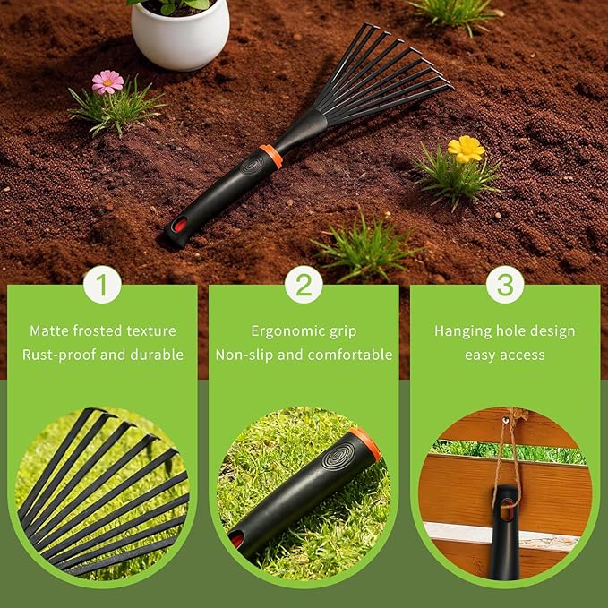 Hand Rake, Garden Stainless Steel Hand Rake with Ergonomic Handle for Gardening, Garden Sweep Yard Flower Beds Tool