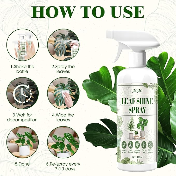 JAOJAO Leaf Shine Spray for Indoor Plants, Plant Shine Spray For Real Plants Leaf Shine Cleaner and Gloss Better Photosynthesis Restores shine for Indoor and Outdoor, 300ml