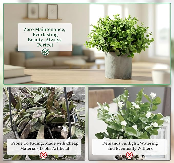 5 Pack Fake Plants, Small Artificial Plants in Pots, Faux Plants Indoor, Artificial Eucalyptus Plants for Desk Shelf Bathroom Bedroom Kitchen Living Room Office Decor Housewarming Gift