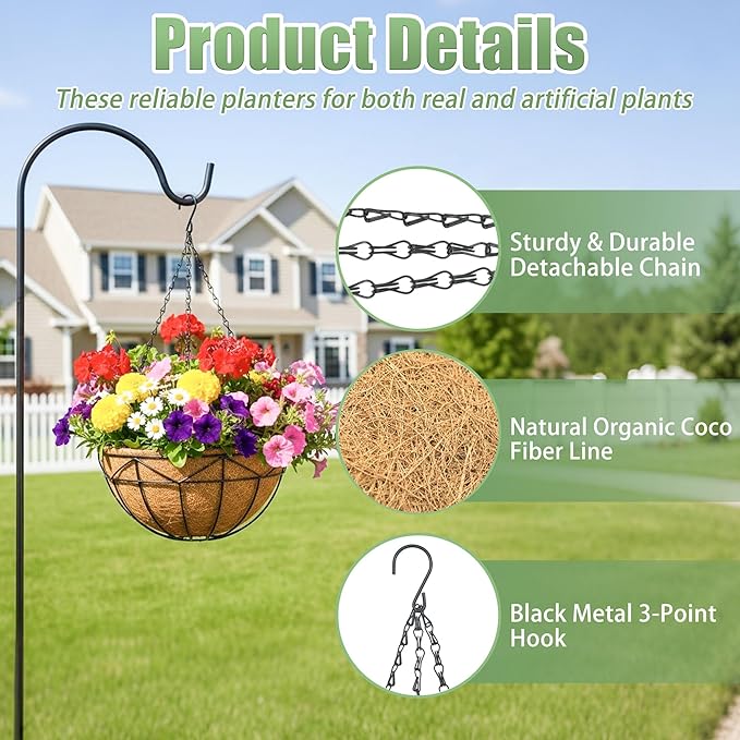 2 Pack 12 Inch Hanging Baskets for Plants Outdoor Metal Hanging Planters Round Hanging Flower Pots with Coco Coir Liner Plant Holder for Outdoor Patio Garden Balcony Decor - Geometric