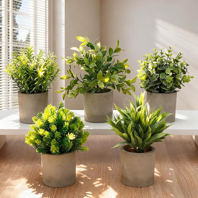 AUUGUU Artificial Potted Plants Set of 5, Realistic Faux Greenery in Cement Pots for Home Office Desk Bookshelf Decor, Small Fake Plants for Indoor Tabletop Decoration