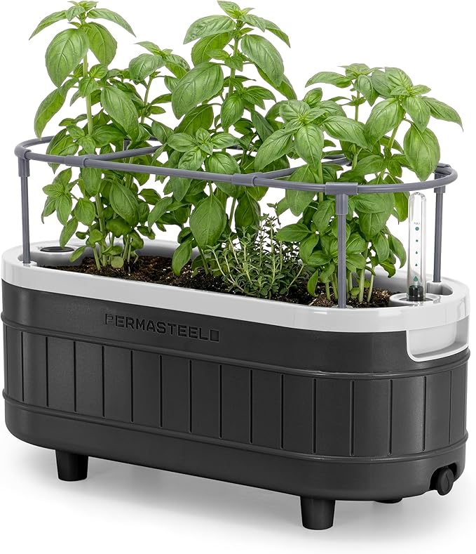 Permasteel Herb Garden Planter with Trellis Support, Self-Watering System with Water Level Indicator, Fits Multiple Herb Plants, for Basil, Flowers, Succulents, Indoor & Outdoor, Black