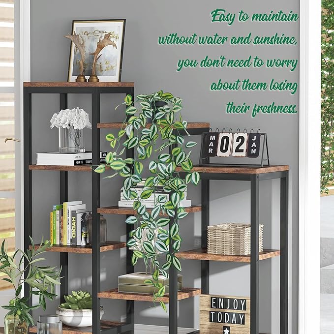 LOYWREE Fake Hanging Plants - Small Potted Plants with Green Eyebrow-Leaf Trailing Vines, Indoor Outdoor Aesthetic Decor for Office, Living Room Shelf & Home Accent (Black Pot)