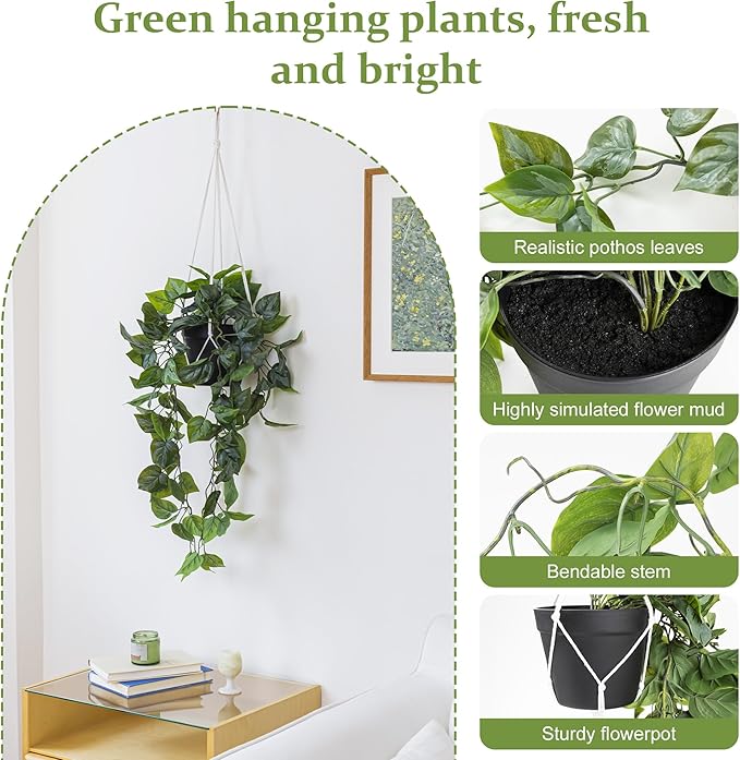 Artificial Pothos Hanging Plant, Fake Pothos with Woven Net, Realistic Faux Ivy Vine Fake Potted Plants for Shelves, Patio, Office, Living Room, Bathroom, Indoor Outdoor Decor(with Flowerpot)