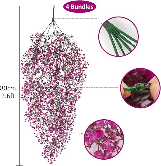 RECUTMS Hanging Fake Vines Artificial Hanging Plants Greenery 4Pcs Faux Wall Vines Ferns with Plastic Flowers for Valentines Day Bedroom Indoor Outdoor Living Room Spring Decoration(Fuchsia)
