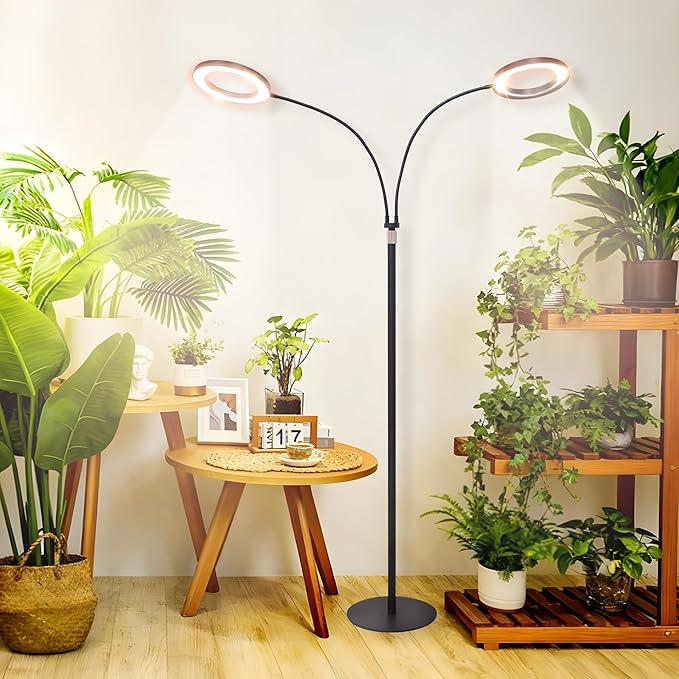 Grow Lights for Indoor Plants,Double Head Full Spectrum LED Plant Light with Stand,6 Dimmable Levels & 3 Lighting Modes, Auto On Off Timer 3/9/12H, 38-67 inches Adjustable Height, Black