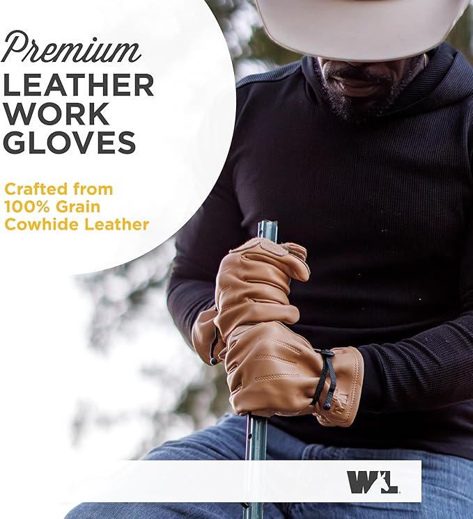 Wells Lamont Leather Work Gloves for Men – Heavy Duty, Cowhide, Abrasion & Puncture Resistant – Adjustable Wrist, Gunn Cut Design, Ideal for Ranching, Farming, Construction - Timber - L