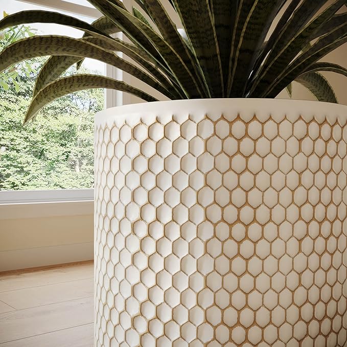 EverNest Honeycomb Gold and White Planter with Wooden Peg Leg Stand, 10-Inch Plant Pot, SelectBase, Mid-Century Modern, Indoor Home Decor Planters (Medium, 2 Gallon)