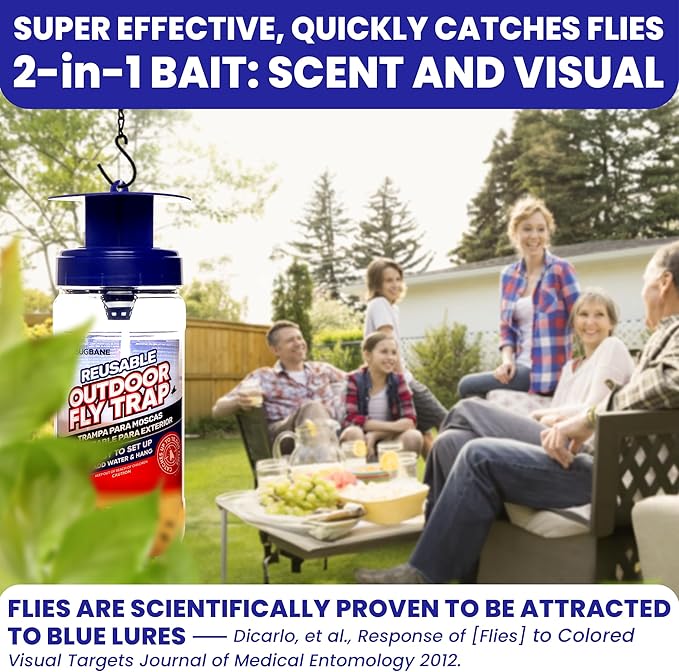 Fly Trap Outdoor Fly Traps for Patio with 2 Non-Toxic Dissolvable Bait Refills. Reusable Hanging Bug Catcher Killer for All Filth Flies for Outside Bug Control Yard Ranch. Hanging Chains Included.