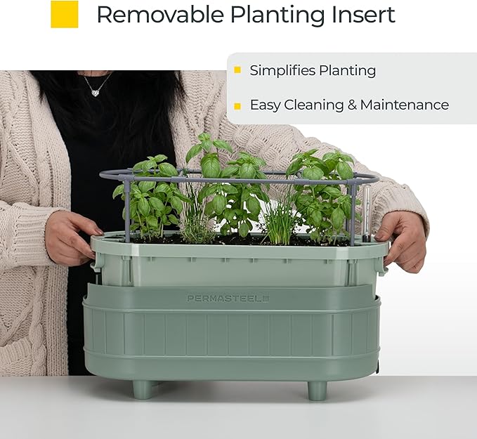 Permasteel Herb Garden Planter with Trellis Support, Self-Watering System with Water Level Indicator, Fits Multiple Herb Plants, for Basil, Flowers, Succulents, Indoor & Outdoor, Green