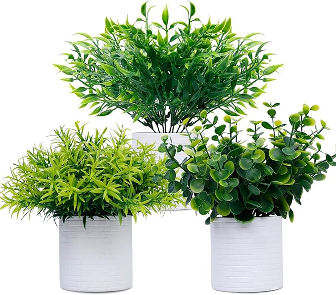 FGSAEOR Mini Potted Fake Plants, Small Artificial Greenery Plants Topiaries, Low Maintenance, Shelf Desk Room Table Office Home Decor (3-Pack) (White Pot - Green)