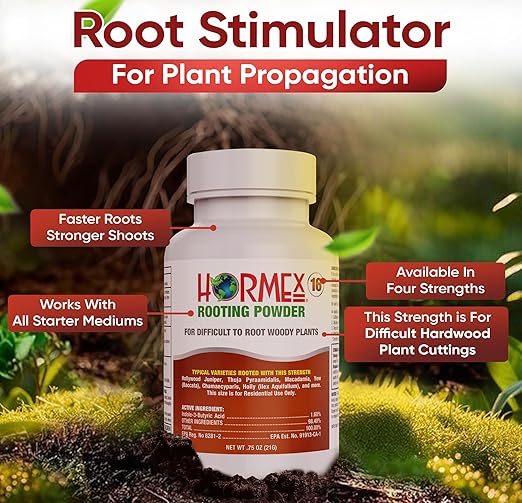 Hormex Rooting Hormone Powder #16 (1.60% IBA) for Difficult Hardwood Plants & Trees - Maximum Strength Root Stimulator, Growth Hormone & Root Booster for Woody Cuttings, Cloning & Propagation (2 Pack)