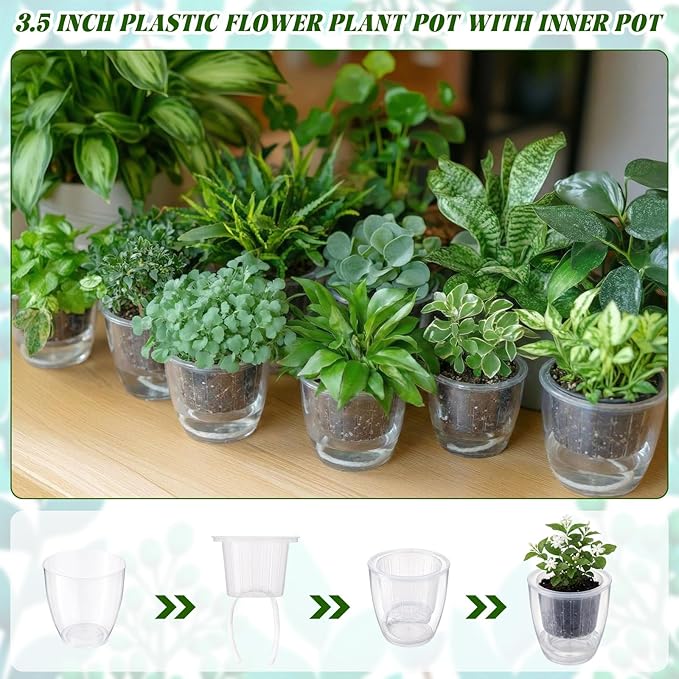 18pcs Self Watering Pots 3.5inch Plastic Flower Plant Pot with Inner Pot Self Watering Wick Planter White Clear Flower Pots for Indoor House Plants Herbs, Flowers, Succulents(Transparent)