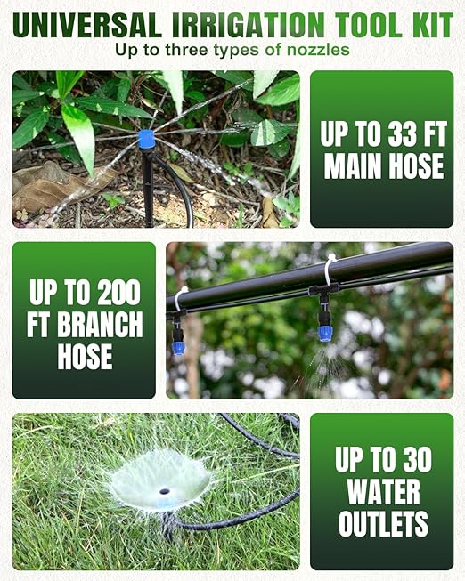 Breeze Touch 230FT Drip Irrigation System, Manual Garden Watering Kit with 6-Way Connectors, 1/2" & 1/4" Distribution Tubing for Greenhouse, Yard & Potted Plants, Precision Irrigation for Large Garden