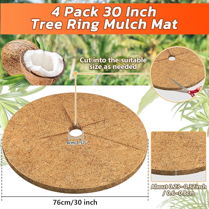 Legigo 4pcs Coconut Fiber Mulch Ring Tree Plant Protector Mat, 30 Inch Natural Coco Coir Tree Mulch Ring Plant Pot Soil Cover, Tree Rings Disc Plant Cover for Indoor Outdoor Plants, Landscaping
