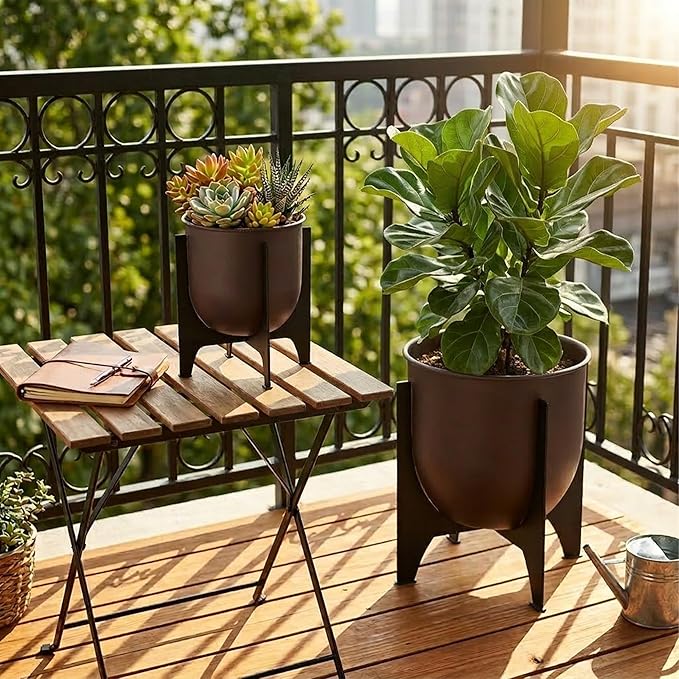 TRIROCKS Set of 2 Planters with Stand Indoor Outdoor Metal Plant Stand 11 &8.5" H Modern Planters Flower Pots for Living Room Corner Kitchen Office Garden Balcony Patio Decor (Brown)