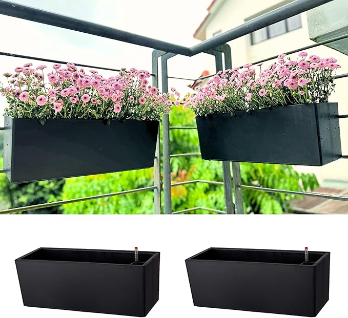 LaLaGreen Outdoor Planter Boxes (14 Inch, 2 Pack) Black Rectangular Self-Watering Railing Planters with Brackets, Hanging Window Boxes for Herbs Flowers Outdoor Plants Deck Garden Plastic Containers