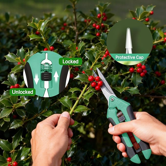 3PCS Garden Pruning Shears Set - Heavy Duty Bypass Pruners, Sharp Stainless Steel Gardening Scissors with Ergonomic Handle, Secateurs for Plants, Flowers, Fruit Trees, Bush Trimming (Green)