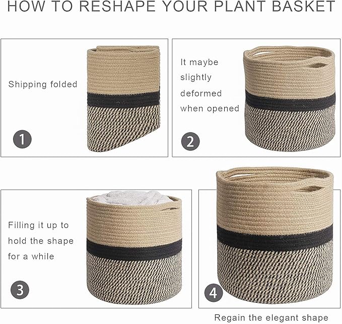 TIMEYARD Sturdy Jute Rope Plant Basket Modern Woven Basket for 11" Flower Pot Floor Indoor Planters, 12'' x 12'' Storage Organizer Baskets Rustic Home Decor, Black and Beige Stripes