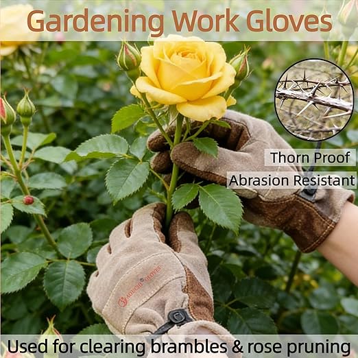 Leather Gardening Gloves for Women and Men, Work Gloves for Welding, Construction, Chainsaw, Farm, Ranch, Yard Work, Abrasion Resistant, Cactus Thorn Proof (Brown, Small)