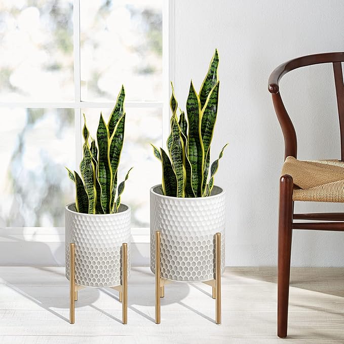 Oakrain Mid Century Planters for Indoor Plants, Set of 2, Modern Decorative Metal Planter Pots for Living Room, Office, Garden or Balcony, Gray and White Gradient Planter with Stand, 8"&10"