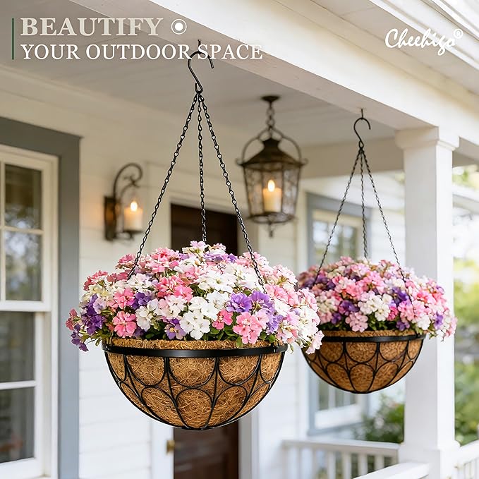 4 Pack 14 Inch Hanging Planters for Outdoor Plants，Large Wire Flower Hanging Basket with Coco Liners for Balconies, Patios, Porch, Terraces Decor