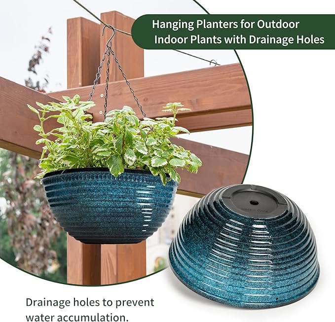 Vanslogreen 12 inch Hanging Planters for Indoor Outdoor Plants, 2 Pack Large Hanging Flower Pots with Drainage Holes and Chain, Glazed Hanging Baskets for Home Garden Decoration, Blue