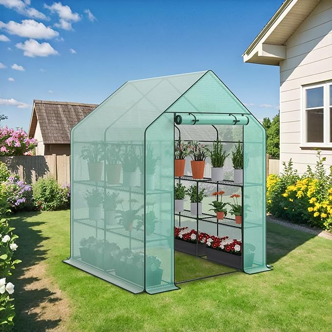 2 Tiers 8 Shelves Walk-in Green House, Portable Greenhouse w/Durable PE Cover, Roll Up Zipper Door, Steel Frame Greenhouse w/ Ground Pegs, Ropes for Garden, Patio, Backyard