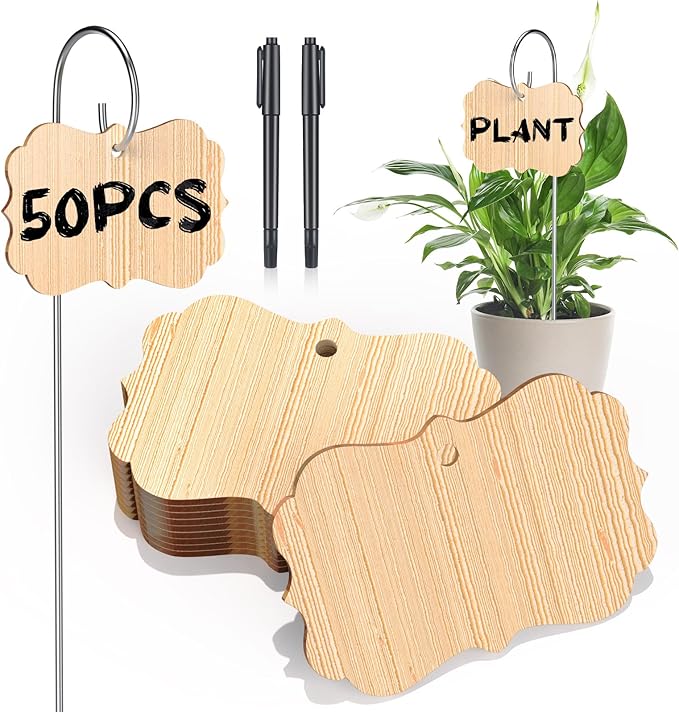CroBlissful 50pcs Bamboo Plant Labels Plant Tags Garden Signs Markers with Stainless Steel Stake and Pen Decorative Wood Garden Labels Plant Sign Tags for Flowers Vegetables Herbs Potted Plants Seed