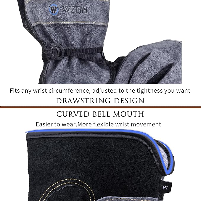 WZQH Leather Work Gloves for Men or Women. Medium Glove for Gardening, Tig/Mig Welding, Construction, Chainsaw, Farm, Ranch, etc. Cowhide, Cotton Lined, Utility, Firm Grip, Durable. Grey-Black M