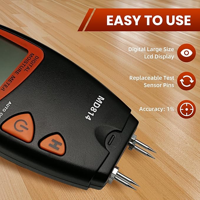 Digital Wood Moisture Meter 4 Pin Accurate Moisture Meter for Wood Handheld Lumber Humidity Tester with LCD Display for Lumber Firewood Forestry and Woodworking Applications (Model MD814)
