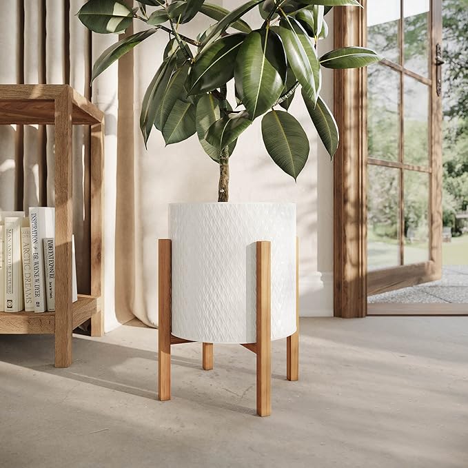 EverNest Claire Minimalist White Plant Pot with Kinsley Wood Stand, Indoor Mid-Century Planter, SelectBase, Modern Plant Holder, Boho Style Home Décor Pots (Large, 3 Gallon)