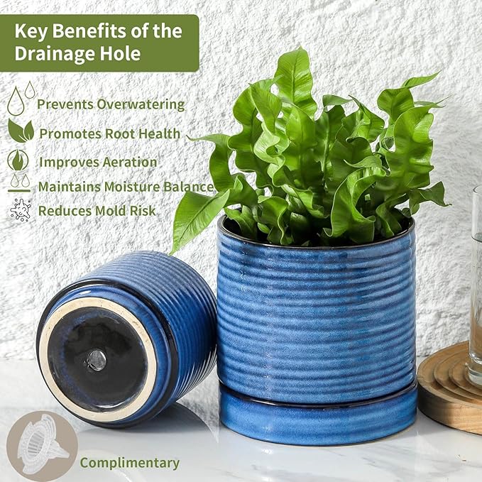 HASENSE 3 Piece Ceramic Plant Pots, 8/6/4.6 Inch, Indoor Pot for Plants with Drainage Holes and Saucer, Modern Flower Planter for Home Office, Blue