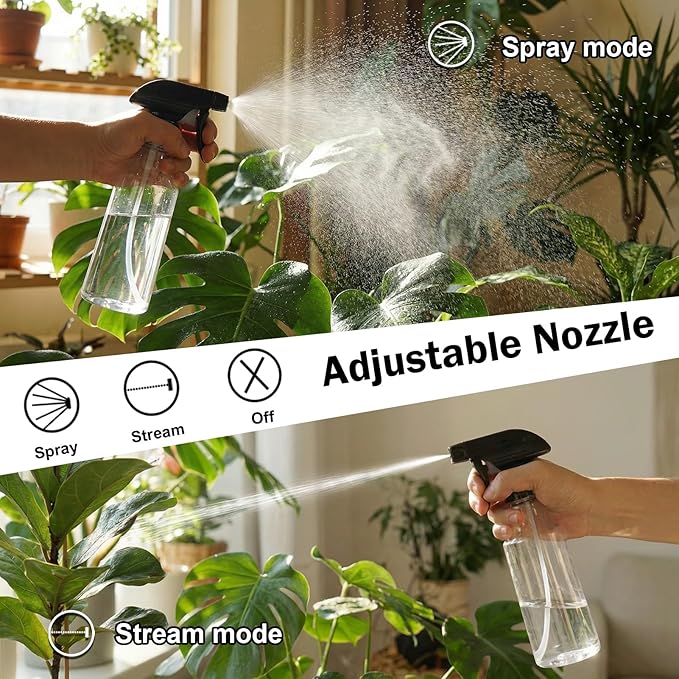 Spray Bottles 12oz/350ml Empty Spray Bottle for Hair Plastic Mist/Stream Spraying Heavy Duty Spray Bottles for Cleaning Solutions, Plants 2 Pack (BlackClear)