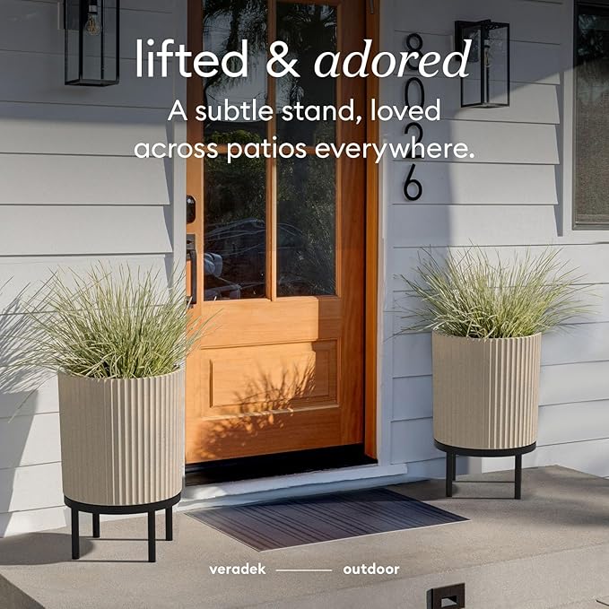 Veradek Demi Series Round Planter w/Stand for Porch/Patio | Durable Plastic-Stone Composite & Wooden Stand | Modern Décor for Tall Plants, Flowers