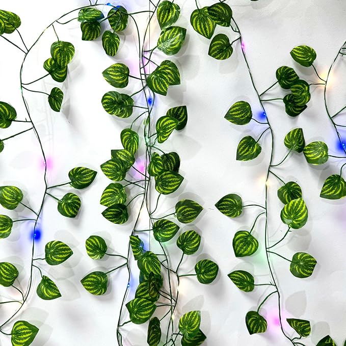 6 Pcs Artificial Hanging Plants Watermelon Leaf Vines With 60 Colorful Lights, Watermelon Vine Leaves, Fake Plant Vines, Can Be Used for Wall,Party Wedding,Home,Kitchen, Indoor and Outdoor Decoration