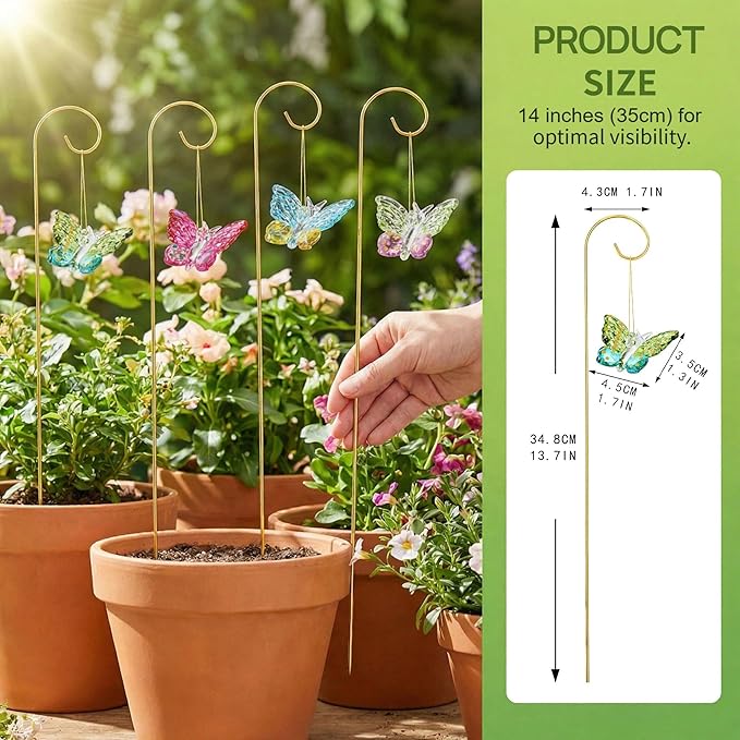 HDCRYSTALGIFTS 4 Pack Blown Glass Butterfly Decorative Garden Stakes,Colorful Butterflies with 13.5'' Tall Gold Plant Stakes for Outdoor Lawn Porch Pathway Patio Plant Pot Flower Bed