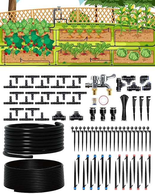 180FT Drip Irrigation System Kit, Automatic Garden Watering System with 1/2” & 1/3” Tubing, Adjustable Nozzle Emitters for Garden, Greenhouse, Lawn, Potted Plants