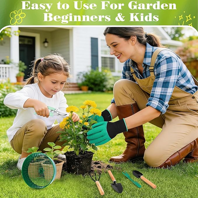 Gardening Tool Set, 18PCS Bonsai Tool Set for Succulents, Herbs & Indoor Plants, Mini Garden Tools with Repotting Mat, Gloves, Pruner, Plant Ties & Labels, Garden Starter Kit for Beginners