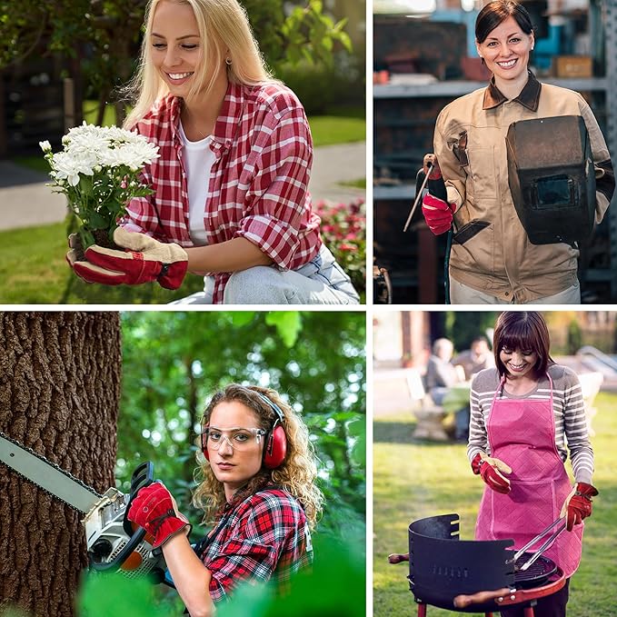 WZQH Leather Work Gloves for Women. X-Large Glove for Gardening, Tig/Mig Welding, Construction, Chainsaw, Farm, Ranch, etc. Cowhide, Cotton Lined, Utility, Firm Grip, Durable. Rose Red - Grey XL