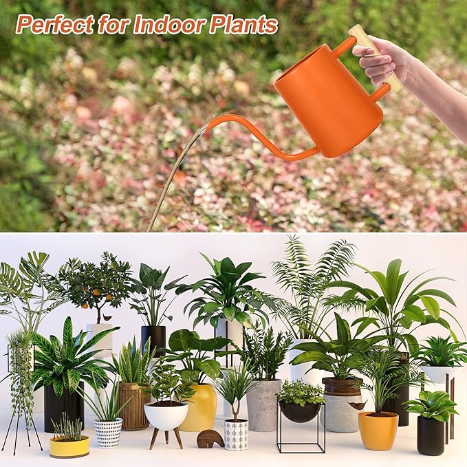Watering Can Indoor Plants, 35 oz/1000 ml Metal Stainless Steel Watering Can Pot with Long Spout for Indoor House Plants Bonsai Outdoor Garden Flower Decorative (Orange)