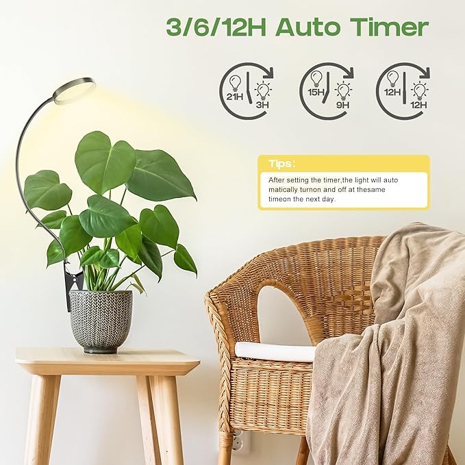 LED Grow Light, Clip On Plant Lights for Indoor Growing with 3,6,12 H Timer, 10 Dimmable Levels Grow Lights for Indoor Plants Full Spectrum, for Houseplants, Bonsai, Pot Plant (2-Pack)