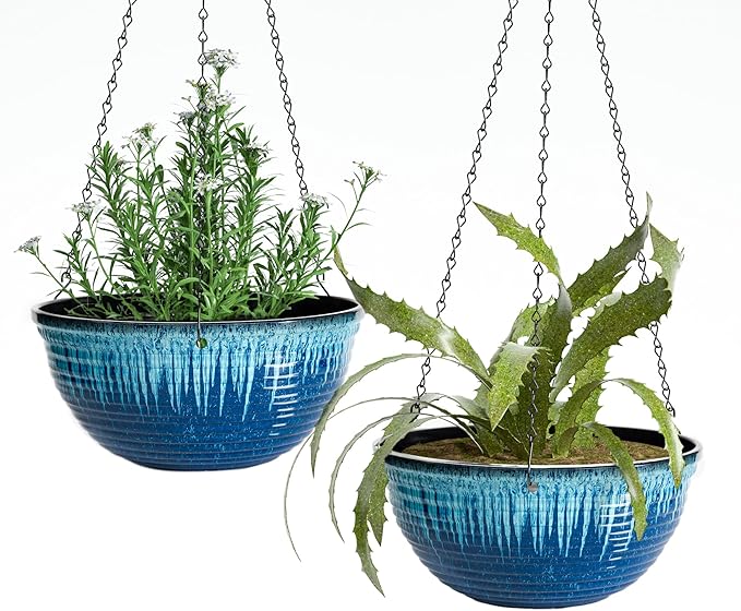 Vanslogreen 12 inch Hanging Planters for Indoor Outdoor Plants, 2 Pack Large Hanging Flower Pots with Drainage Holes and Chain, Glazed Hanging Baskets for Home Garden Decoration (Blue Flow Glaze)