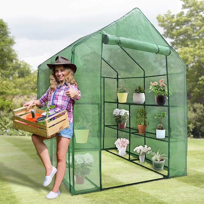 2 Tiers 8 Shelves Walk-in Green House, Portable Greenhouse w/Durable PE Cover, Roll Up Zipper Door, Steel Frame Greenhouse w/ Ground Pegs, Ropes for Garden, Patio, Backyard