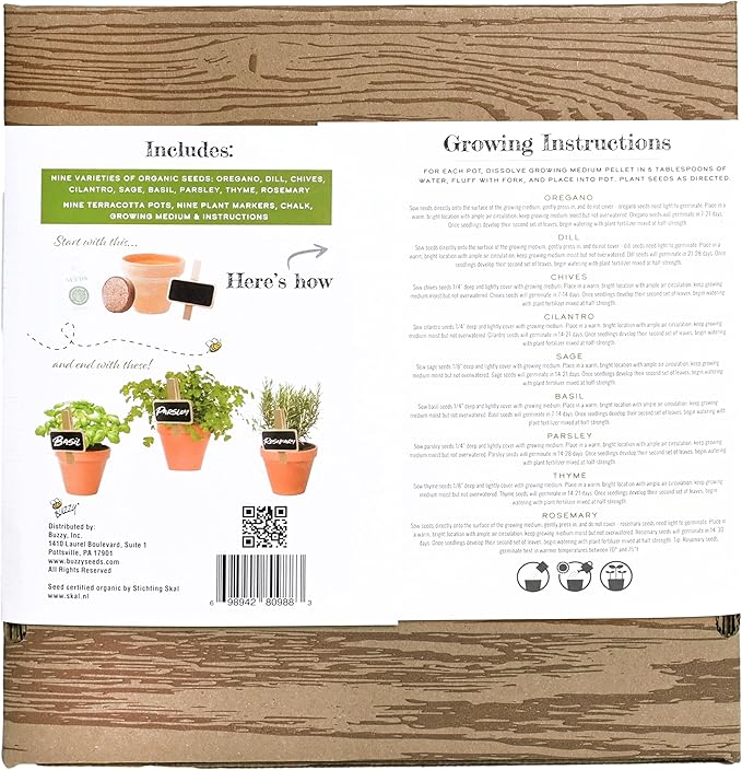 Buzzy Organic Herb Starter Kit – 9 Terracotta Pots, Organic Seeds & Soil Pellets – Indoor Herb Garden Kit with Plant Markers, Chalk & Instructions – Grow Fresh Basil, Parsley, Cilantro & More