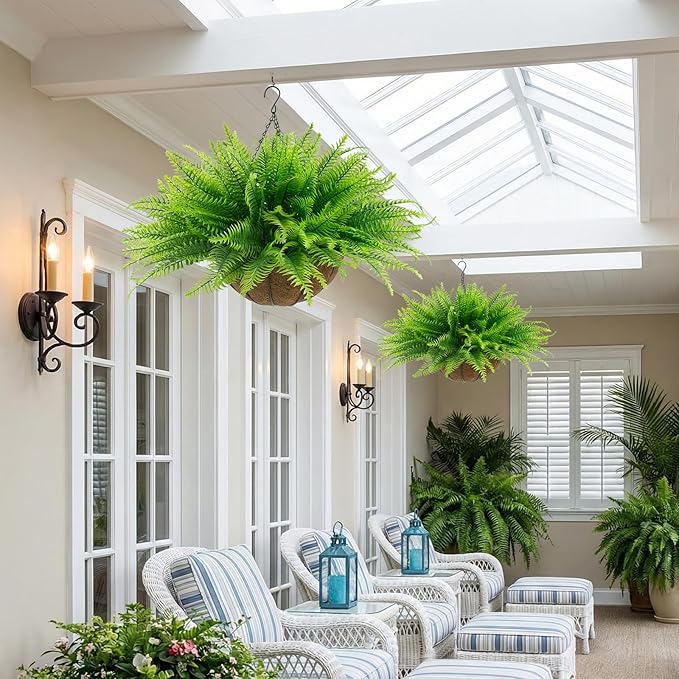 lovemoon Fake Ferns Plant Baskets,2PCS Artificial Hanging Plants,2 Hanging Planters with 24 Pcs Leaves for Indoor Outside Decorations for Front Porch Garden Balcony Patio Home Decor (2, Light Green)