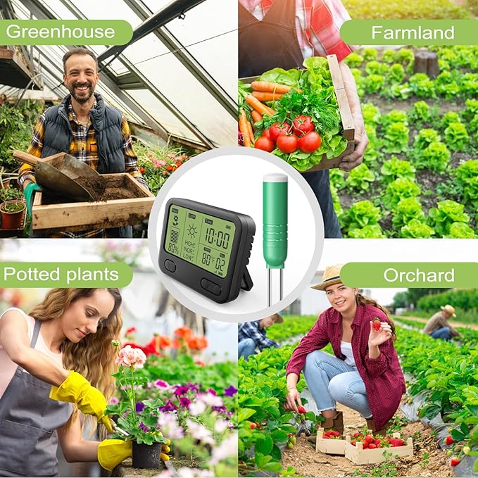 4-in-1 Soil Meter for Plants, Wireless Remote Monitor for Temperature Moisture Light Timing in One Board, Use for Garden Pot Turf lawns Farms greenhouses（1 Meter and 2 Sensior）, Black