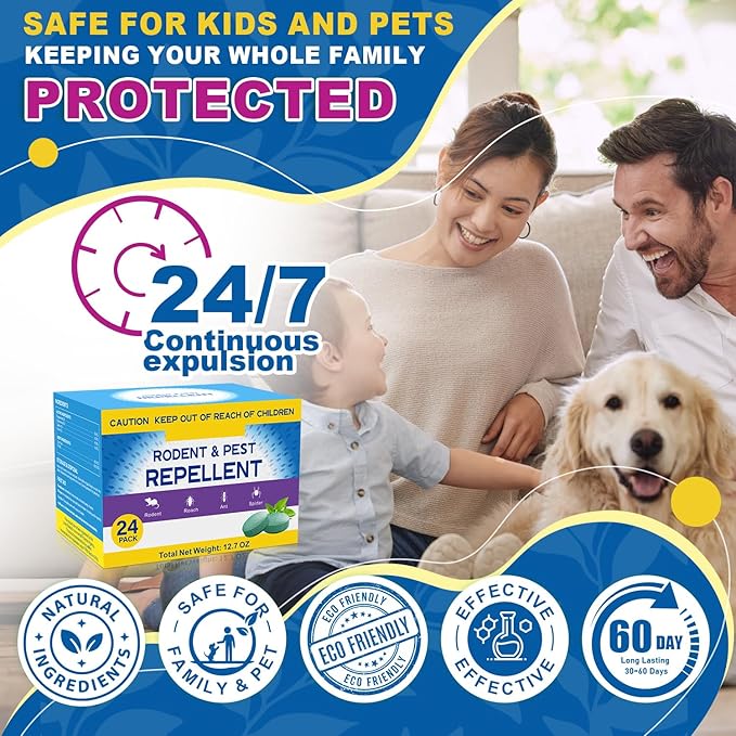 Rodent Mouse Repellent Indoor Outdoor - Peppermint Oil to Repel Mice Mole and Rats, Bug Insect Spider Repellent Pouches, Pest Control Natural Deterrent Safe for Pets & Family 24 Packs