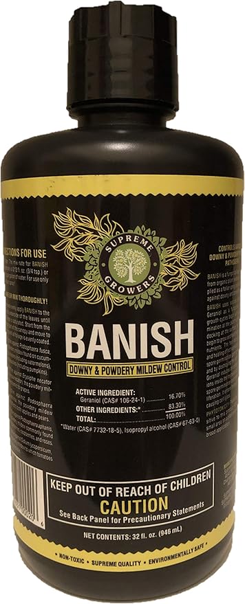 Banish All Natural Fungicide Downey & Powdery Mildew Control Makes 240 Gallons Proprietary Mixture of Powerful Natural Geraniol 32oz Concentrate Mixes to 240 Gallons of Non-Toxic